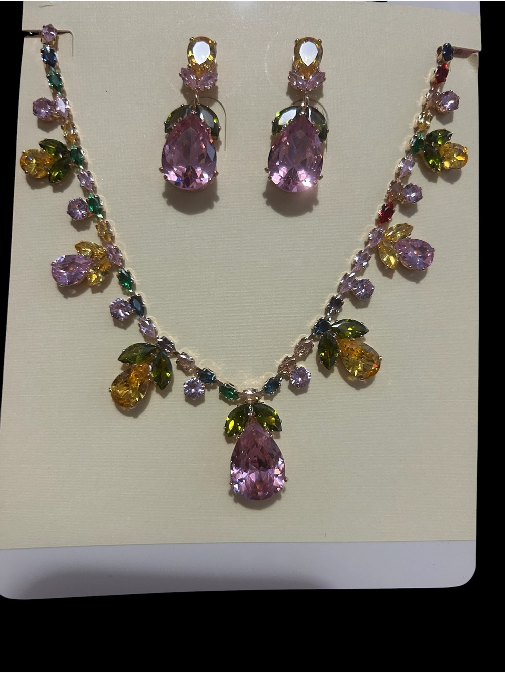 Multi-Color Crystal Teardrop Necklace and Earrings Set - Pink Accent